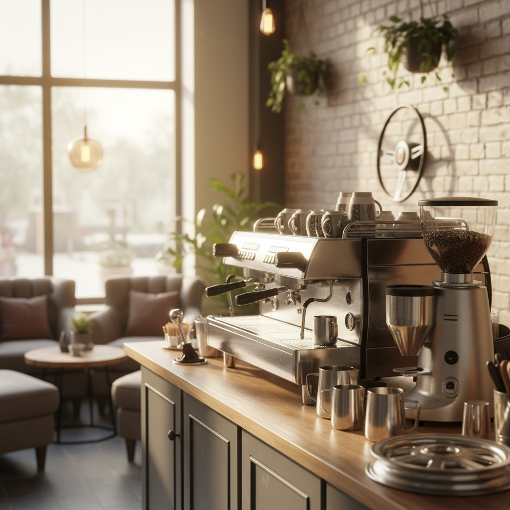 Einladender Café-Tresen mit Barista-Equipment und subtilen Auto-Details