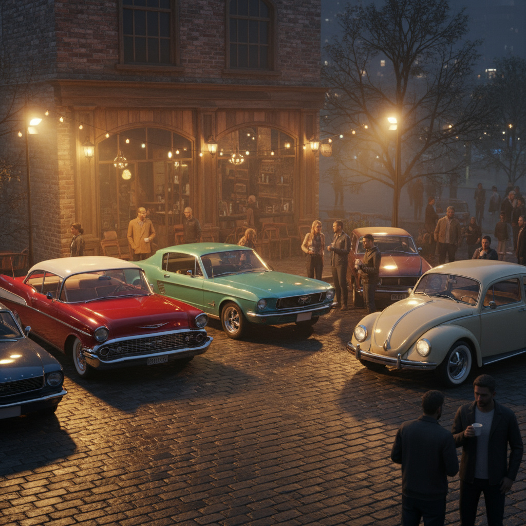 Abendliches Classic-Car-Meetup vor dem Café mit stimmungsvoller Beleuchtung