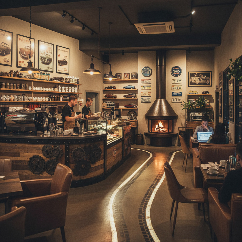 Café mit Auto-Atmosphäre in Zürich: Espresso-Bar, warme Beleuchtung, Poster klassischer Fahrzeuge