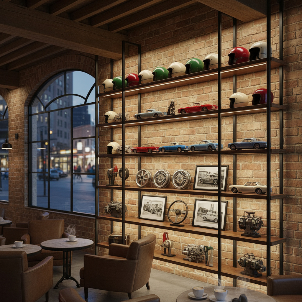 Automotive Memorabilia und Modellautos in stilvollem Regal