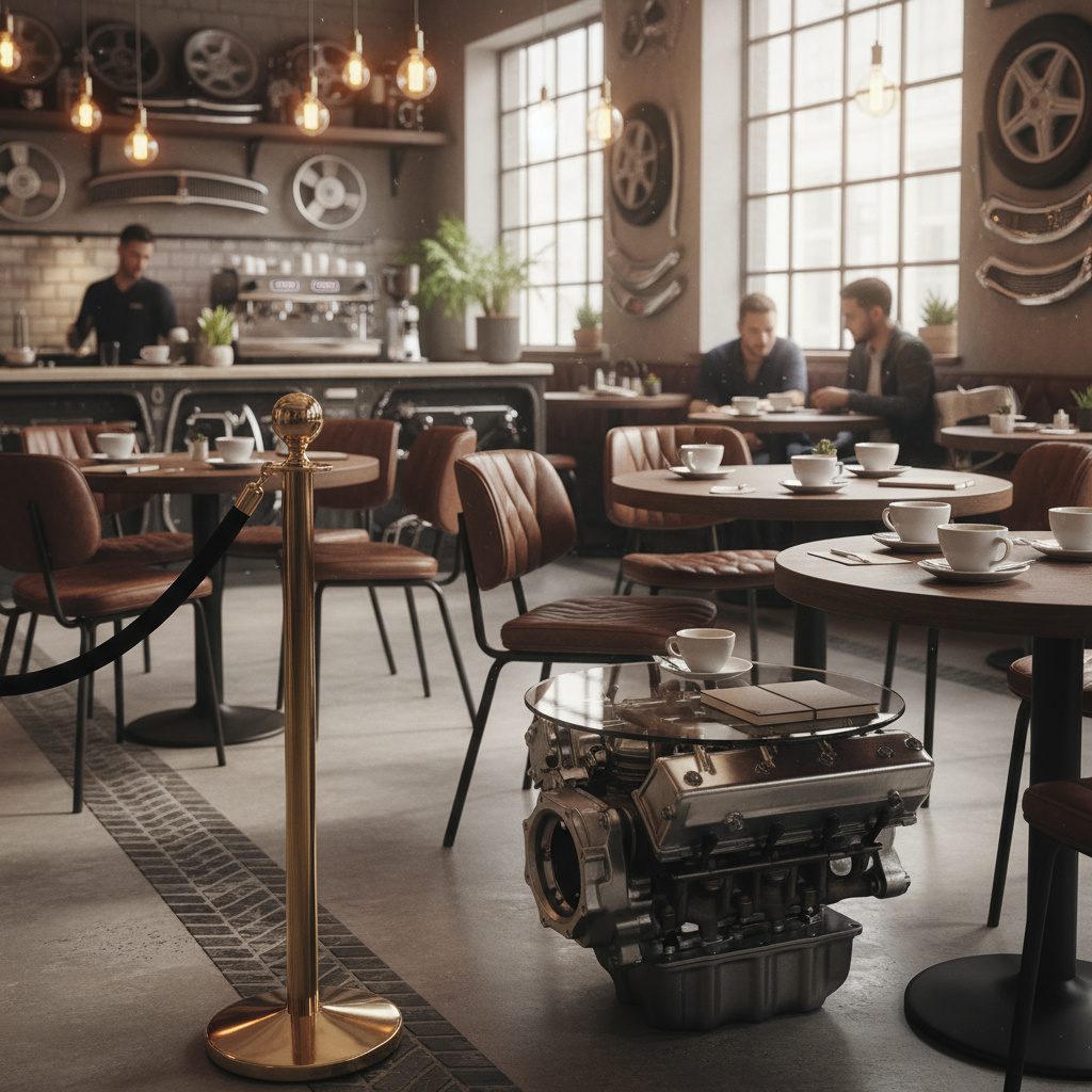 Reservierter Bereich im Café mit Automotive-Dekor für Club-Meetup